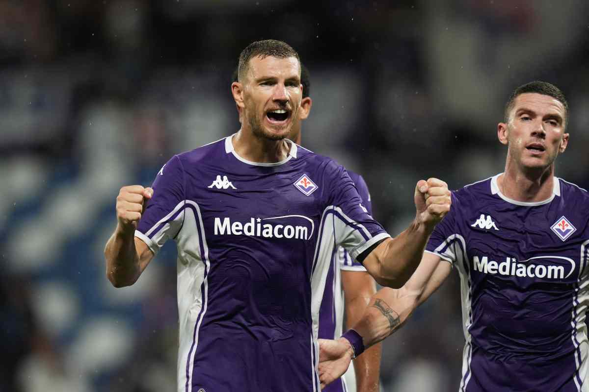 Edin Dzeko esulta per un gol segnato durante Fiorentina-Polissya in Conference League (LaPresse) - FiorentinaUno.com 