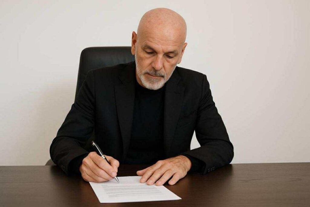 Stefano Pioli mentre firma il contratto