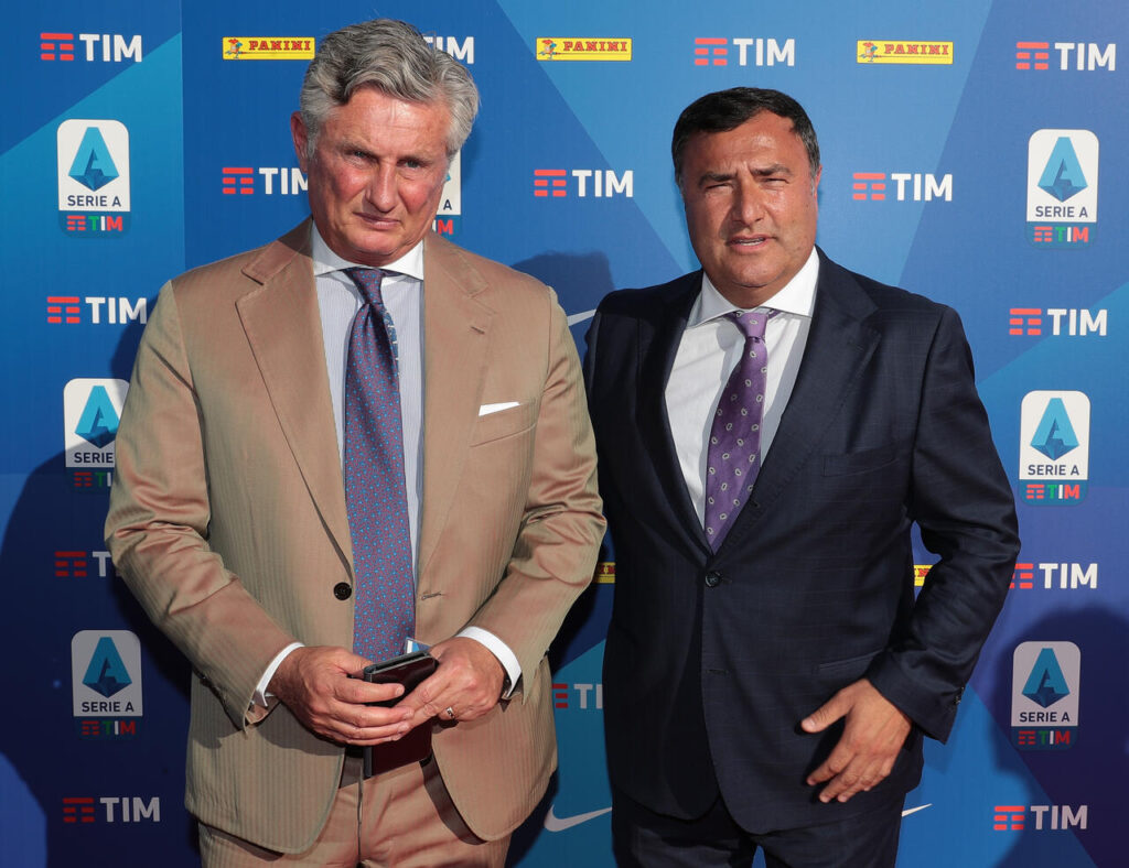 MILAN, ITALY - JULY 29: Joe Barone (R) and Daniele Prade of ACF Fiorentina pose prior to the Serie A 2019/2020 fixture unveiling on July 29, 2019 in Milan, Italy
