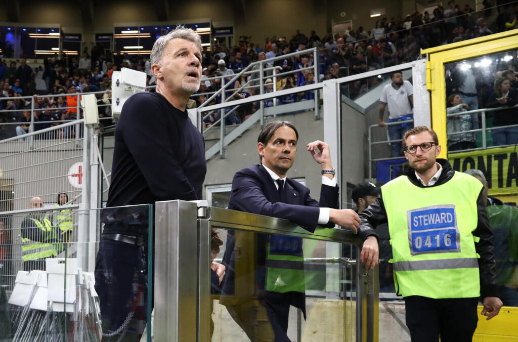 MILAN, ITALY - MAY 18: Marco Baroni, Head Coach of Lazio, and Simone Inzaghi, Head Coach of FC Internazionale